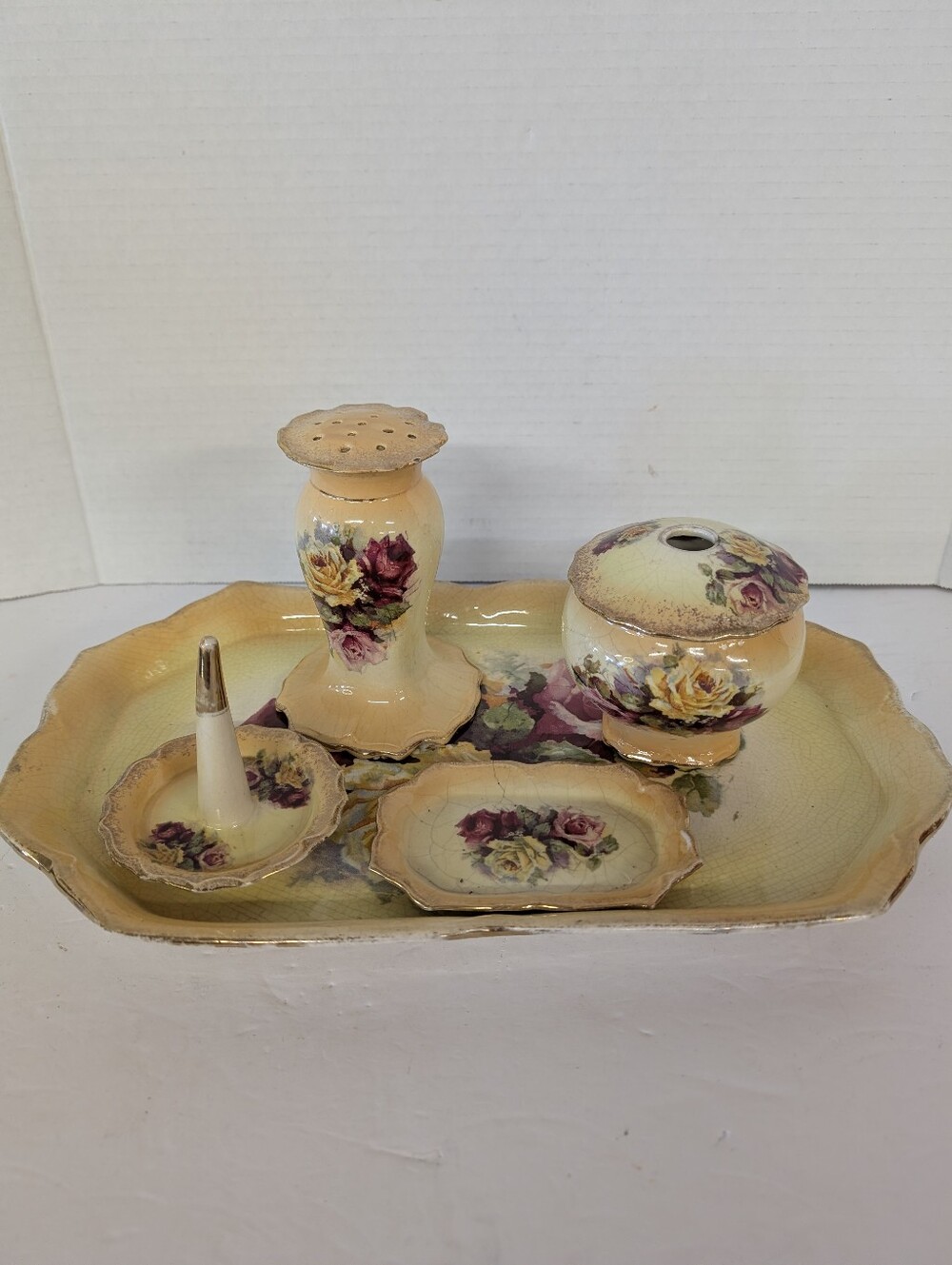 Vintage Dresser Set Floral Ceramic Handmade VanityYellow Rose Motif